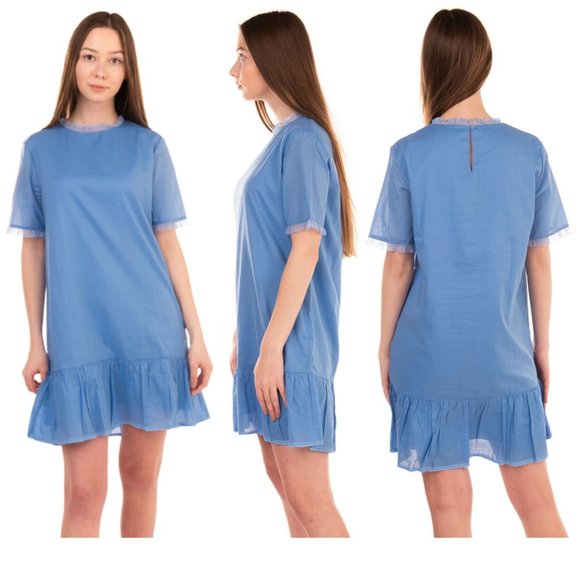 NEW VANESSA BRUNO ATHE Blue Dropped Waisted Mini Dress MEDIUM 100% Cotton Light - Picture 4 of 14